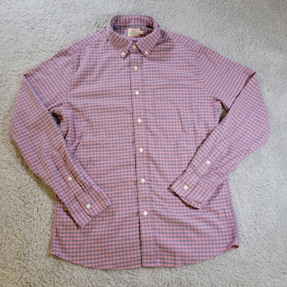 FAHERTY Oxford Shirt Mens Small Blue Pink Check Casual Soft Long Sleeve Pocket